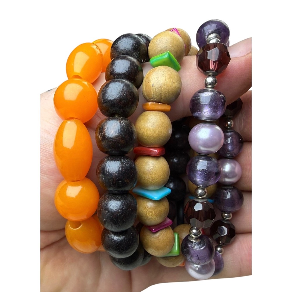 Set of 4 Beaded Stretch Bracelets Wood Resin Faux Pearl Purple Amber Boho Stack